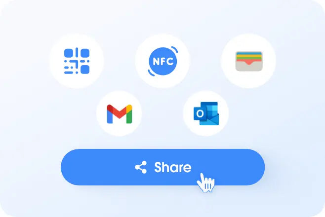 Sharing interface with icons for QR code, NFC, and email on a light blue background