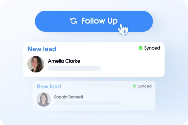 Screen showing a 'Follow Up' button with a cursor hovering over it, on a background with 'New lead' entries for Amelia Clarke and Sophia Bennett.