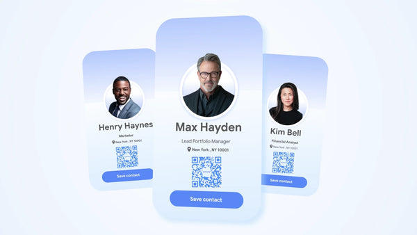 Three digital business cards with profiles and contact information on a light blue background