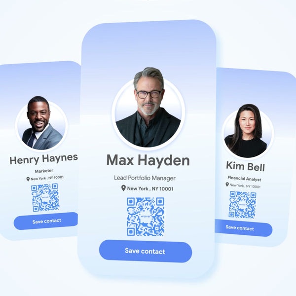 Three professional profiles with contact information and QR codes on a light blue background