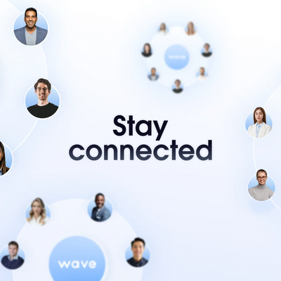 Illustration of people connected with text 'Stay connected' and the Wave logo.