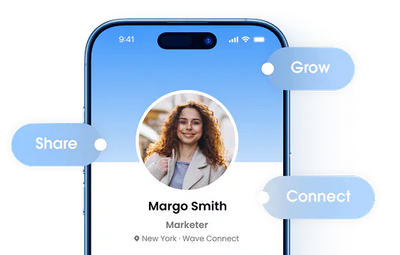 Phone screen displaying a profile of Margo Smith with options to share, grow, and connect.