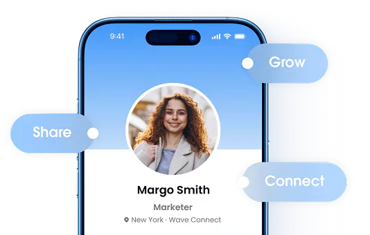 Phone screen displaying a profile of Margo Smith with options to share, grow, and connect.