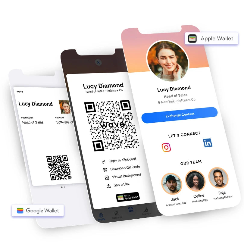 Wave profile being shared using a QR code via the Google play, apple store, google wallet and, apple wallet.