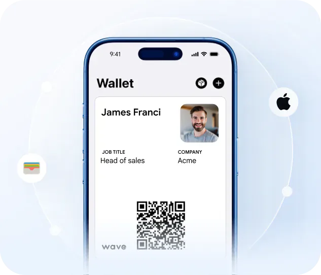 Phone screen displaying a digital wallet app with a profile of James Franci, including a QR code.