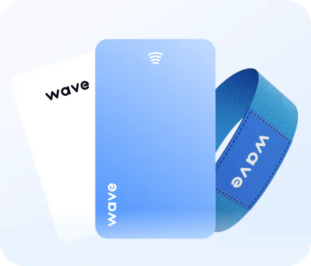 Blue card and wristband with 'wave' branding on a light blue background